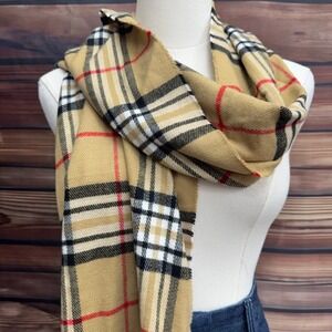Italy Design Cashmere Blend Scarf Tan Plaid Fringe 20% Cashmere 80% Viscose